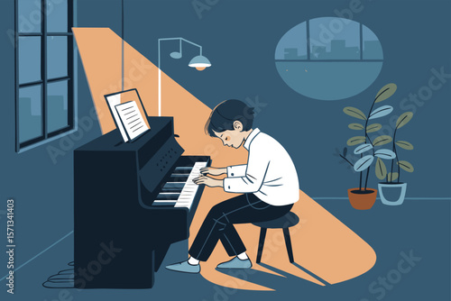Vector illustration of a young boy, isolated, playing piano solo in a dimly lit apartment, emotive atmosphere.