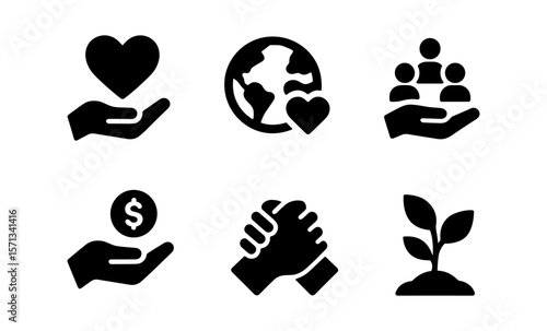 Set of black icons: heart, earth, community, money, handshake, growth