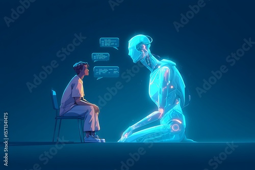A man and a robot kneeling, facing each other with speech bubbles, symbolizing human-AI interaction, communication, and the evolving relationship in a digital age.