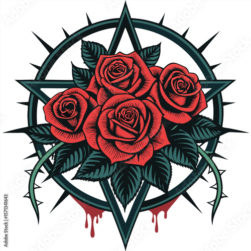 Gothic band emblem bleeding roses, thorns. Dark, dramatic design.
