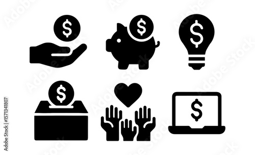 Financial icons illustrating savings, donations, and investments in modern business
