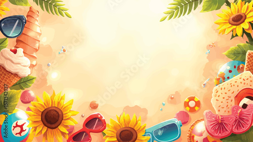 Summer vacation objects and sunflowers beach sunglasses