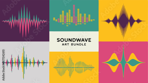 Colorful Soundwave Art Bundle Featuring Digital Frequency Visualizations on Diverse Backgrounds for Creative Projects