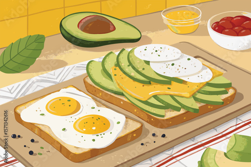 Vector illustration breakfast sandwich assembly in cozy kitchen. Fresh ingredients, detailed artistic style.