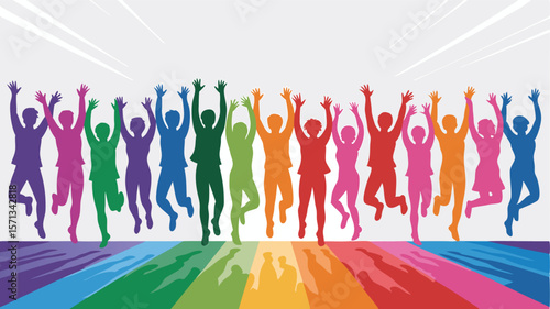 Colorful Silhouettes of People Jumping with Raised Arms on a Rainbow Striped Background