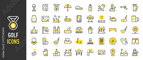 Such as Golf icons. Polo, Golf, Mini Golf, Golf Ball, Golf Bag, Sock, Scoreboard, Lawn Mower, Map, Golfer, Weather, App, Forest, Gloves, Golf Flag, Stick, Binocular vector illustration.
