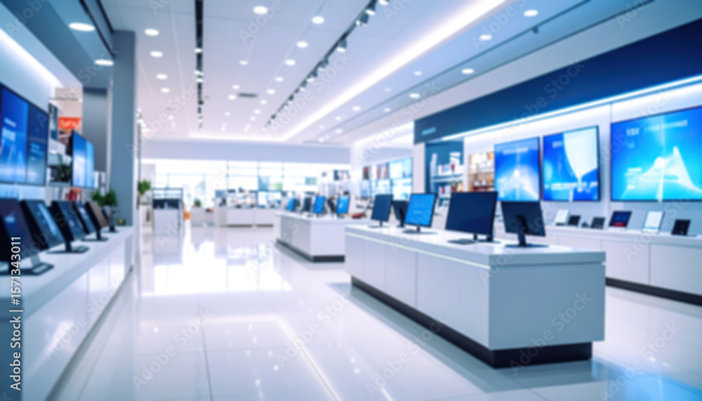 Fototapeta premium Blurred Electronics Retail Display: Modern design with multiple devices shown.