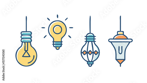 Illustration of hanging light bulbs and lamps for interior design concept art