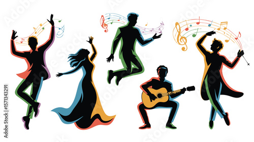 Colorful Silhouettes of Musicians Dancers, Guitar Player, and Conductor Surrounded by Musical Notes on White