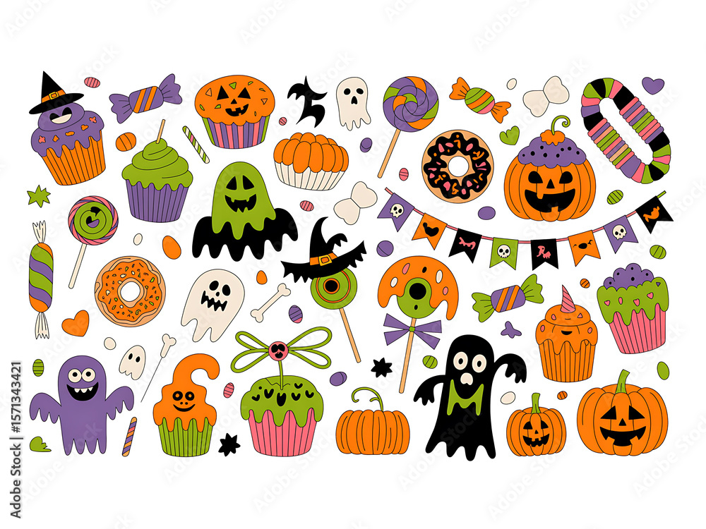 Fototapeta premium Colorful Halloween Sweets and Spooky Elements Clipart – Cute Candy, Cupcakes, Ghosts & Pumpkins