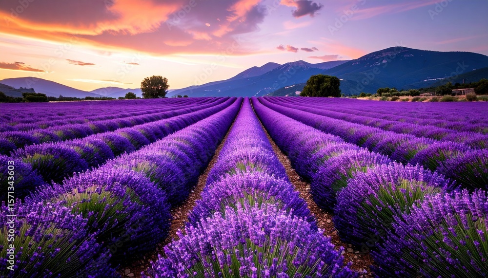 Naklejka premium Lavender field at sunset creates a picturesque and serene landscape.