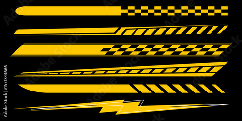 Collection of yellow and black graphic design elements, resembling car stripes or decals.