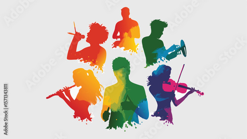 Colorful Silhouette Musicians Singer, Dancer, Trumpet Player, Flutist, Conductor, Violinist on White Background