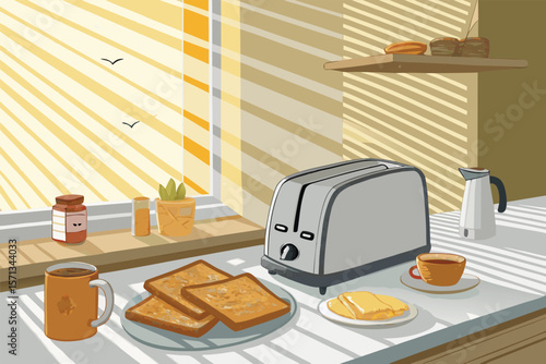 Vector breakfast scene toaster popping, sunny-side-up egg, coffee, fruits, bread, butter, jam; morning meal.