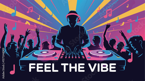 Colorful Nightclub DJ with Dancing Crowd, Turntables, and Musical Notes Illustration