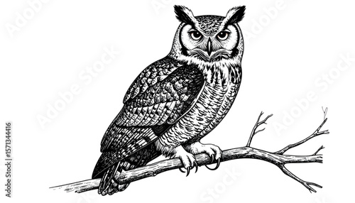 Majestic Great Horned Owl A Detailed Ink Drawing