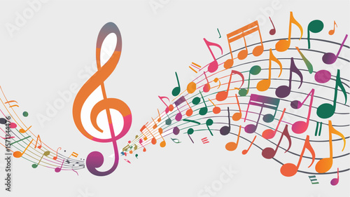 Colorful Music Notes Flowing from a Treble Clef on a Light Background