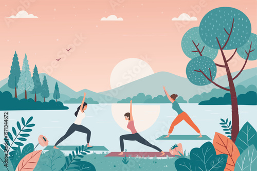 Vector campers practicing yoga by a serene lake at sunrise. Includes trees, mountains, tent, serene environment, meditation.