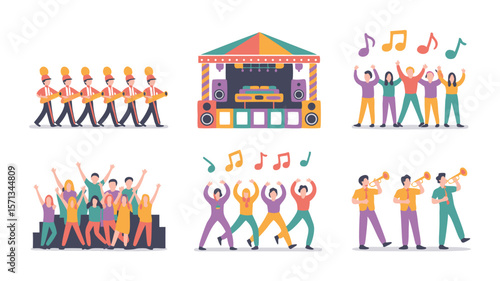 Colorful Music Festival Illustration Marching Band, Performers On Stage, Happy Dancing Crowds and Trumpet Players