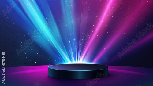 Empty stage pedestal with colorful neon light rays and starry night sky background for product display. Studio space.