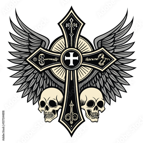 Gothic crucifix artwork featuring skulls and wings. Dark, religious imagery.