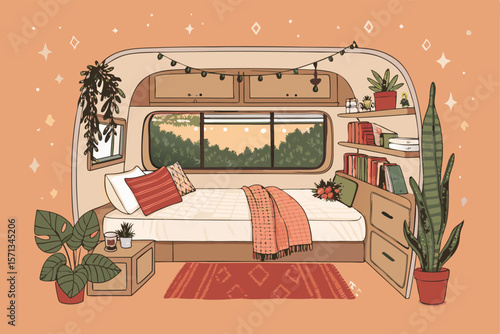 Vector camper van interior view, cozy bed, books, travel-ready, reading nook, camping, lifestyle.