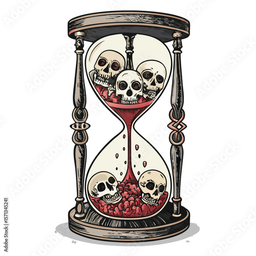 Gothic hourglass features melting skulls. Sinister, dark, and macabre art.