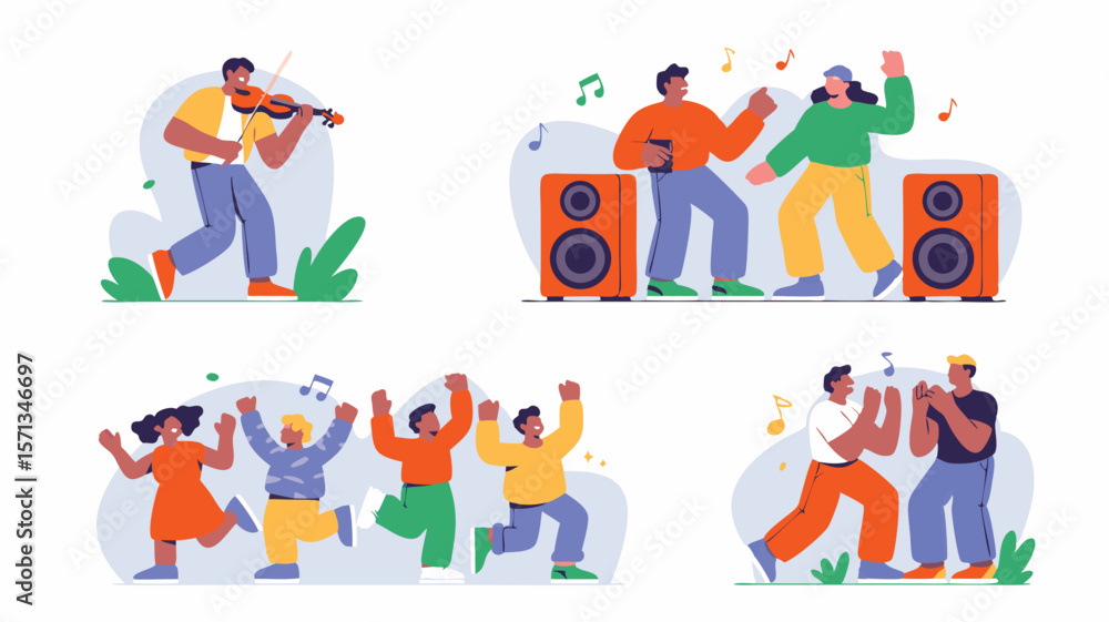 Fototapeta premium Cheerful Cartoon People Dancing, Playing Violin, Listening to Music from Speakers, Illustration