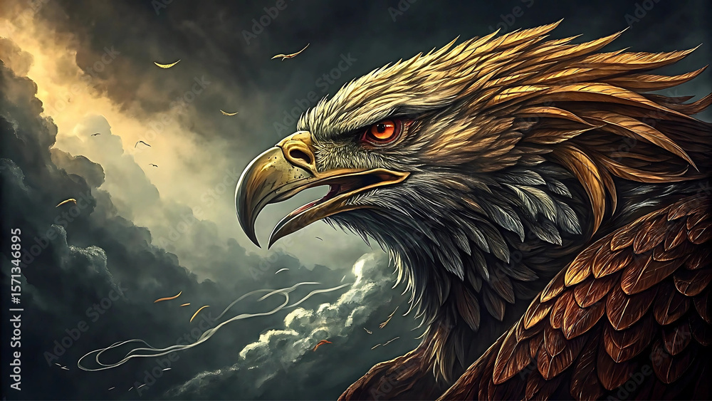 Fototapeta premium Eagle Soaring in the Sky – Majestic Bird Illustration with Blue Sky and Clouds