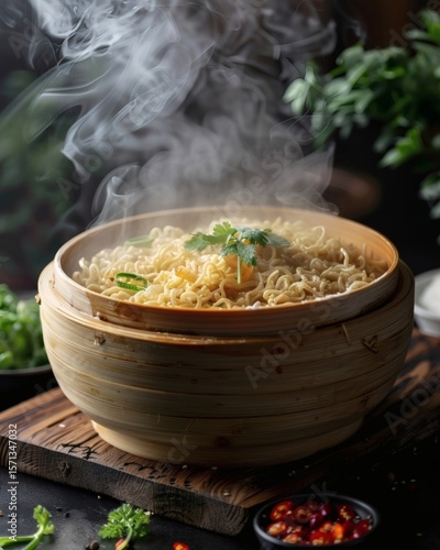 Steaming ramen in a wooden bowl