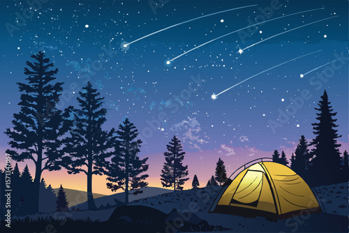 Vector illustration Camping under meteor shower, featuring tent, campfire, shooting stars, forest, mountains, night sky, nature.