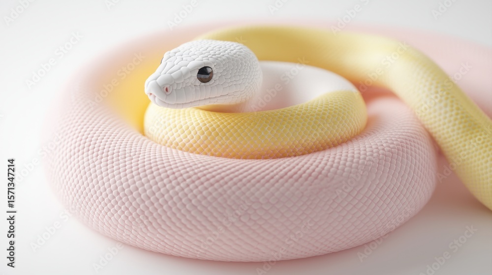 Fototapeta premium A pastel-colored snake with smooth scales, coiled in a circular shape on a white background.
