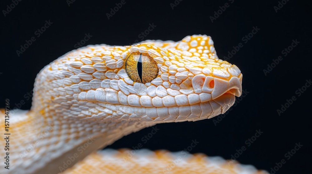 Obraz premium Close-up of a yellow and white viper snake with detailed scales and striking eyes against a dark background.