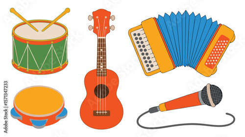 Cartoon Illustration of a Drum, Ukulele, Accordion, Tambourine, and Microphone Musical Instruments