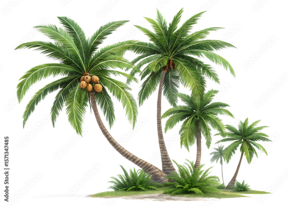 Obraz premium Lush green coconut palm trees with coconuts and tropical foliage on a black background isolated on a transparent background