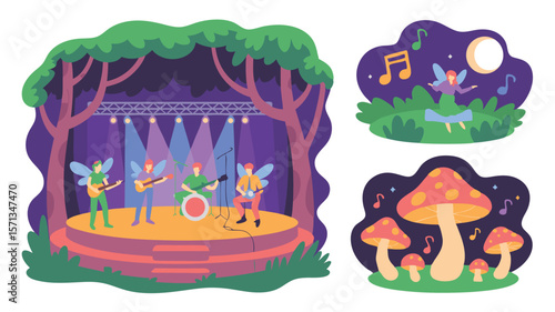 Cartoon Fairy Band Performing on Stage Under a Forest Canopy with Music and Magical Elements