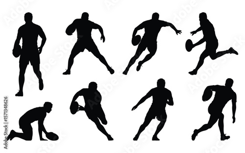 A set of black silhouettes of rugby players in various dynamic poses against a white background