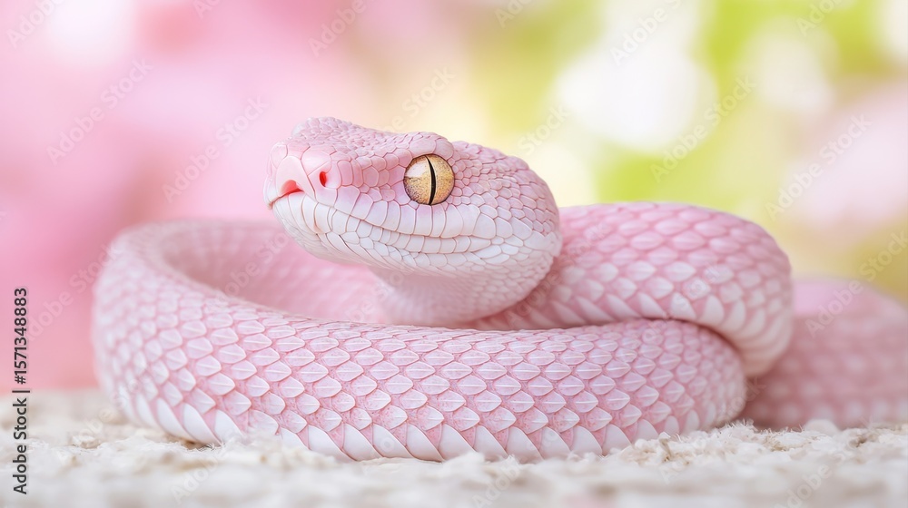 Fototapeta premium A pink snake with textured scales is coiled on a soft surface, set against a pastel, blurred background.