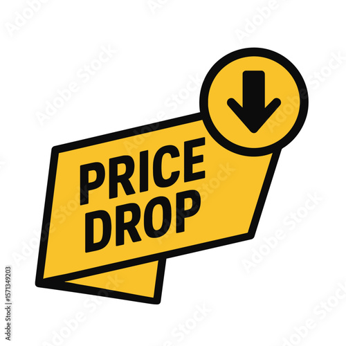 This price drop sign with a downward arrow is perfect for sales and promotions. Modern flat vector sticker label with icon and badge style, transparent background