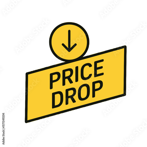 This image represents a price drop, discount or special offer for retail and marketing. Modern flat vector sticker label with icon and badge style, transparent background