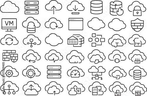 A Line Art Icon Set for Cloud Computing, Data Servers, and Web Hosting