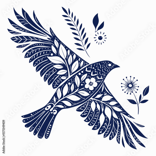 a bird with flowers and leaves
