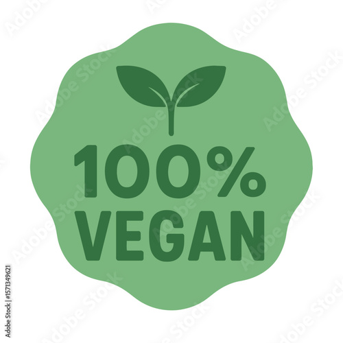 A vibrant green badge proudly proclaims '100% Vegan,' promoting a plant-based lifestyle. Modern flat vector sticker label with icon and badge style, transparent background