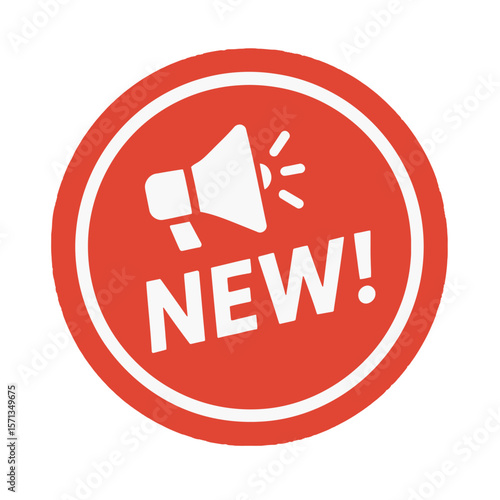 This eye-catching image features a red circle with the word 'new' and a megaphone symbol. Modern flat vector sticker label with icon and badge style, transparent background