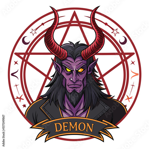 A demonic figure with horns, glowing eyes, and arcane runes.