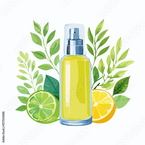 シトラス香る化粧品ボトルと植物　水彩風イラスト