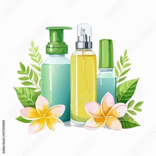 Natural cosmetic bottles with tropical flowers vector illustration
