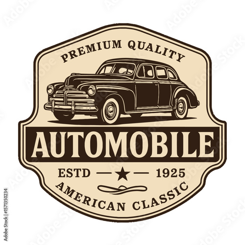 This logo showcases a classic American automobile, ideal for vintage car enthusiasts and automotive businesses. Modern flat vector sticker label with icon and badge style, transparent background