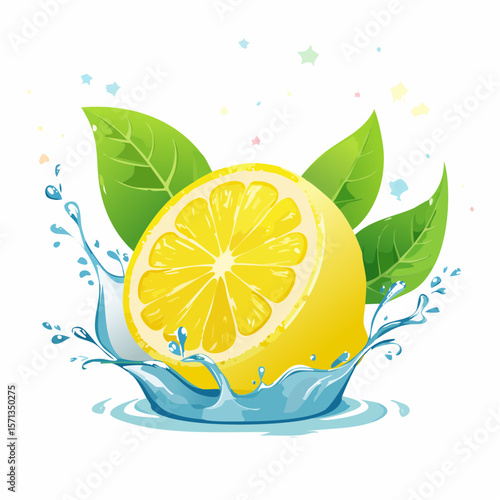 水しぶきをあげる半切りのレモン　水彩画風