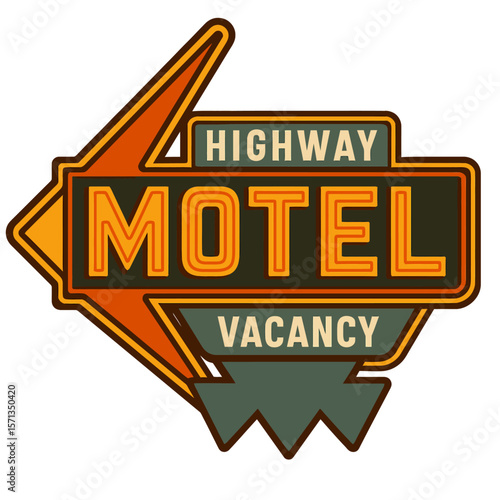 Vintage highway motel sign indicating vacancy and inviting travelers to stop and rest. Modern flat vector sticker label with icon and badge style, transparent background